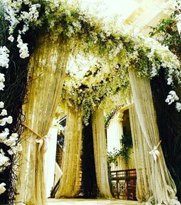 ENTRANCE DECOR - WHITE & GREEN THEME WITH FLORALS & FABRIC DRAPING
